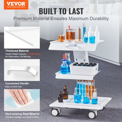 Three-tier stainless steel lab trolley with locking wheels and various lab bottles on shelves
