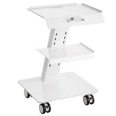 White 3-tier stainless steel lab trolley with locking wheels and angled shelves.