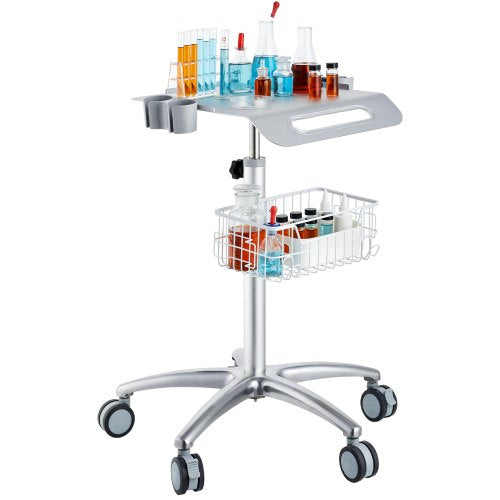 Height-adjustable aluminum alloy medical cart on wheels with storage baskets and tool holders.