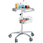Height-adjustable aluminum alloy medical cart on wheels with storage baskets and tool holders.