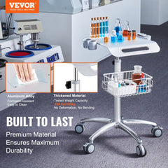 Height-adjustable aluminum alloy medical cart with wheels and storage baskets.