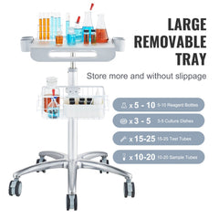 Height adjustable aluminum medical cart with wheels, trays, and holders for lab equipment.