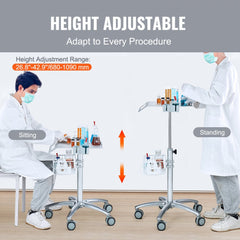 Height adjustable aluminum alloy medical cart with wheels, shown in sitting and standing positions.