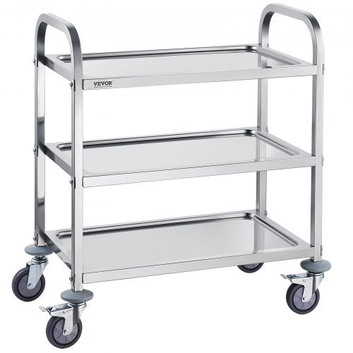 Stainless steel 3-tier utility cart with lockable wheels and 400 lbs capacity.