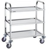 Stainless steel 3-tier utility cart with lockable wheels and 400 lbs capacity.