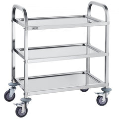 Stainless steel 3-tier utility cart with lockable wheels and 400 lbs capacity.