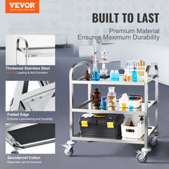 Stainless steel 3-tier utility cart with lockable wheels and lab equipment on shelves.