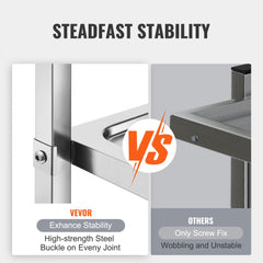Comparison of VEVOR stainless steel cart with stable bolted joints versus unstable wobbly screw-fixed others.