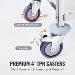 Stainless steel 3-tier utility cart with 4-inch lockable TPR casters.