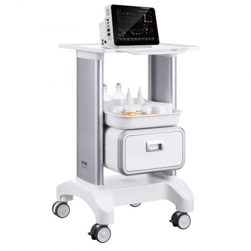 White 2-tier medical lab cart with drawer, tray, and ergonomic handle for easy transport.