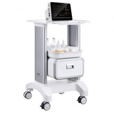 White 2-tier medical lab cart with drawer, tray, and ergonomic handle for easy transport.