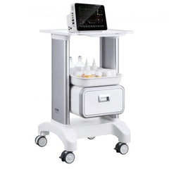 White 2-tier medical lab cart with drawer, tray, and ergonomic handle for easy transport.