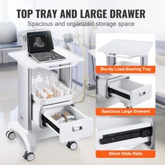 White 2-tier medical lab cart with drawer, tray, and ergonomic handle on silent wheels.