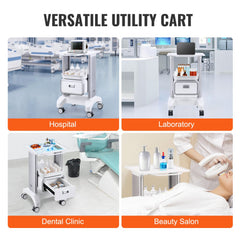 White 2-tier medical lab cart with drawer, tray, and four wheels for easy mobility.