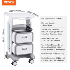 White 3-tier ABS medical lab cart with two drawers, ergonomic handle, and four wheels.