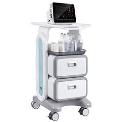 White 3-tier ABS medical lab cart with monitor, drawers, wheels, and storage for bottles.