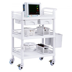 White 3-tier medical lab cart with PP trays, drawers, monitor mount, and wheels.