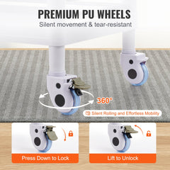 White 3-tier medical lab cart with PP trays, locking PU wheels, and silent mobility features.