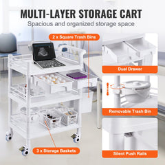 White 3-tier medical lab cart with PP trays, drawers, bins, and wheels.