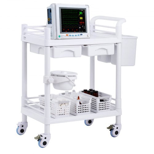 White ABS 2-tier medical lab cart with drawers and four wheels for easy mobility.
