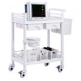 White ABS 2-tier medical lab cart with drawers and four wheels for easy mobility.