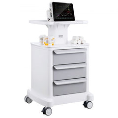 Bostome 4-Tier Medical Lab Cart with three drawers, white ABS, and four wheels for mobility.
