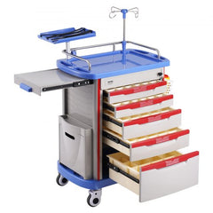 Blue 5-tier mobile medical cart with 5 drawers and 2 trash cans for efficient organization.