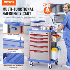 Blue mobile medical cart with five drawers, two trash cans, and ergonomic handles.