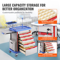Blue 5-tier mobile medical cart with 5 drawers and 2 trash cans for efficient organization.