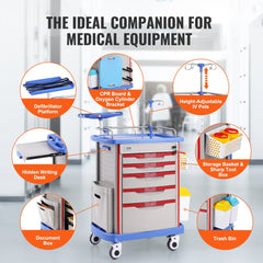 Blue 5-tier mobile medical cart with 5 drawers and 2 trash cans for efficient organization.