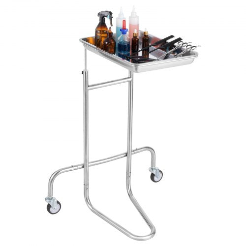 Stainless steel lab cart with single adjustable tray, holding bottles and tools, on two silent wheels.