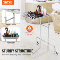 A stainless steel lab cart with a single tray, adjustable height, and two wheels.