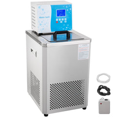 Stainless steel 6L laboratory chiller circulator with digital display and accessories.
