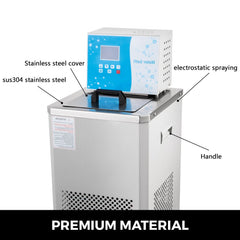 Bostome 6L lab chiller circulator with stainless steel bath, digital display, and handle, -20°C to 100°C.