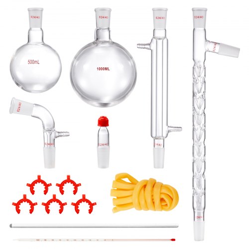 Bostome 1000ml lab distillation kit with 3.3 borosilicate glass and 24/40 ground joints.