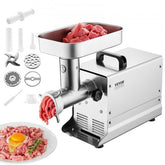 Stainless steel Bostome 8# commercial meat grinder with accessories and ground meat.