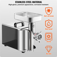 Stainless steel commercial meat grinder with hopper, handle, and durability icons.