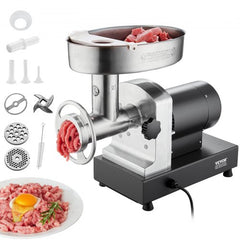 Stainless steel electric meat grinder with sausage stuffer and versatile grinding accessories.