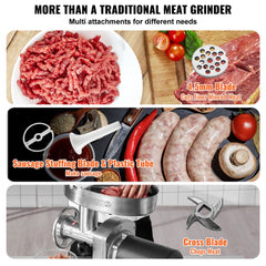 Bostome Commercial Electric Meat Grinder with stainless steel body and multiple accessories.
