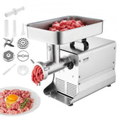 Stainless steel electric meat grinder with sharp blades and detachable parts for easy cleaning.