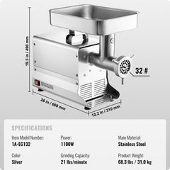 Stainless steel commercial electric meat grinder with sharp blades and detachable parts.