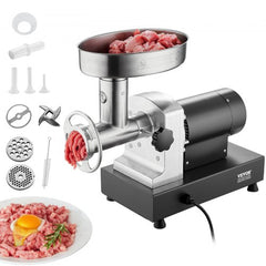 Stainless steel electric meat grinder with two blades and sausage-making accessories.