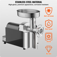 Stainless steel electric meat grinder with detachable parts and accessories for versatile food prep.