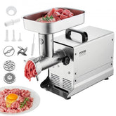 Stainless steel electric meat grinder with sausage stuffing tubes and detachable parts for easy cleaning.