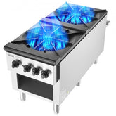 Two-burner countertop gas stove with stainless steel surface and adjustable feet.
