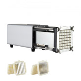 Silver electric french fry cutter with 1/2-inch and 3/8-inch stainless steel blades and two detachable grids.