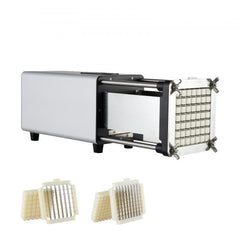 Silver electric french fry cutter with 1/2-inch and 3/8-inch stainless steel blades and two detachable grids.