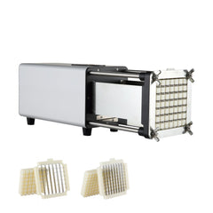 Silver electric french fry cutter with 1/2-inch and 3/8-inch stainless steel blades and detachable grids.