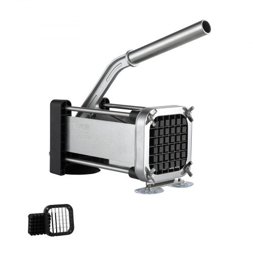 Stainless steel French fry cutter with a 1/2" blade and ergonomic lever handle for easy use.