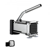 Stainless steel French fry cutter with a 1/2" blade and ergonomic lever handle for easy use.